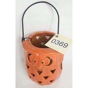 Ceramic Orange Owl Tea Light Holder Metal Handle Halloween Fall Decor Cute Fun